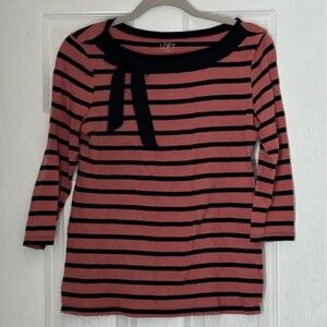 Ann Taylor Loft Pink Black Striped Top Mock Tie Neck Size Small S 3/4 Sleeves